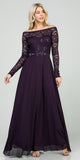 Long Sleeved Lace Bodice A-Line Long Formal Dress Eggplant