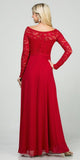 Long Sleeved Lace Bodice A-Line Long Formal Dress Red
