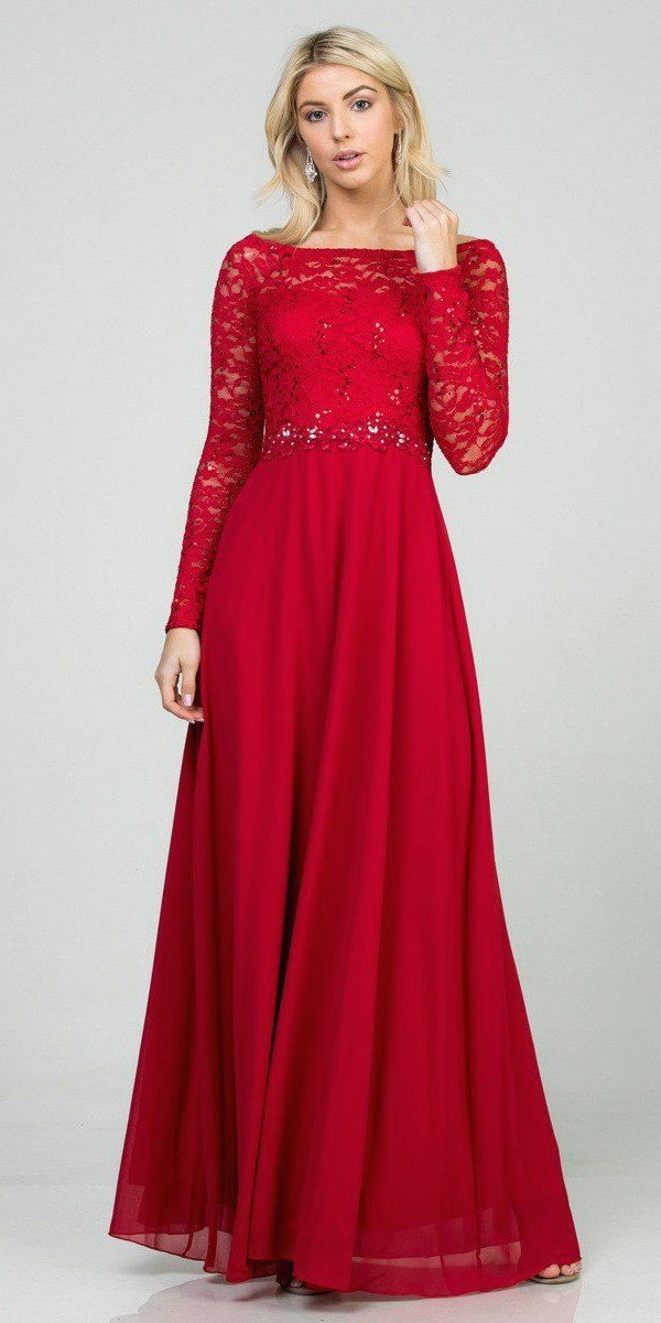 Long Sleeved Lace Bodice A-Line Long Formal Dress Red