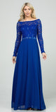 Long Sleeved Lace Bodice A-Line Long Formal Dress Royal Blue