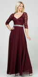 La Scala 25434 Long Evening Burgundy Chiffon Dress Lace Mid-Length Sleeve