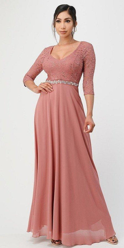 La Scala 25434 Long Evening Dark Mauve Chiffon Dress Lace Mid-Length Sleeve