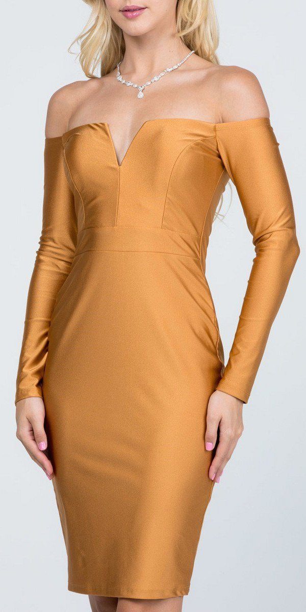 Long Sleeved Off-Shoulder Cocktail Short Dress Gold