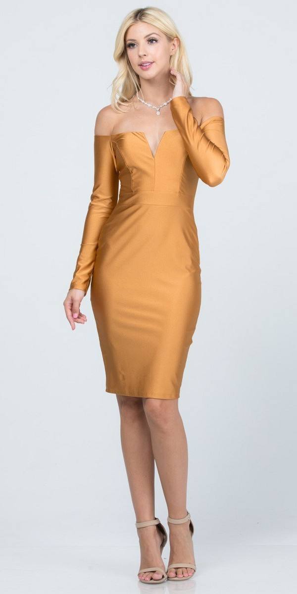 Long Sleeved Off-Shoulder Cocktail Short Dress Gold