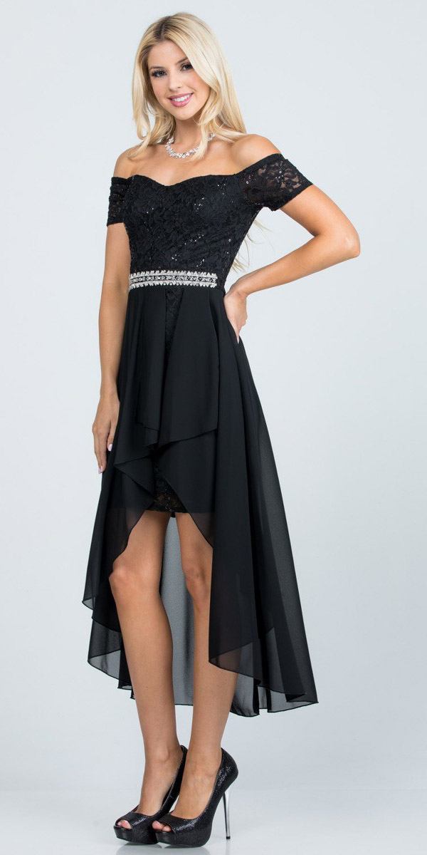 Embellished Waist High and Low Cocktail Dress Black