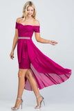 Embellished Waist High and Low Cocktail Dress Fuchsia