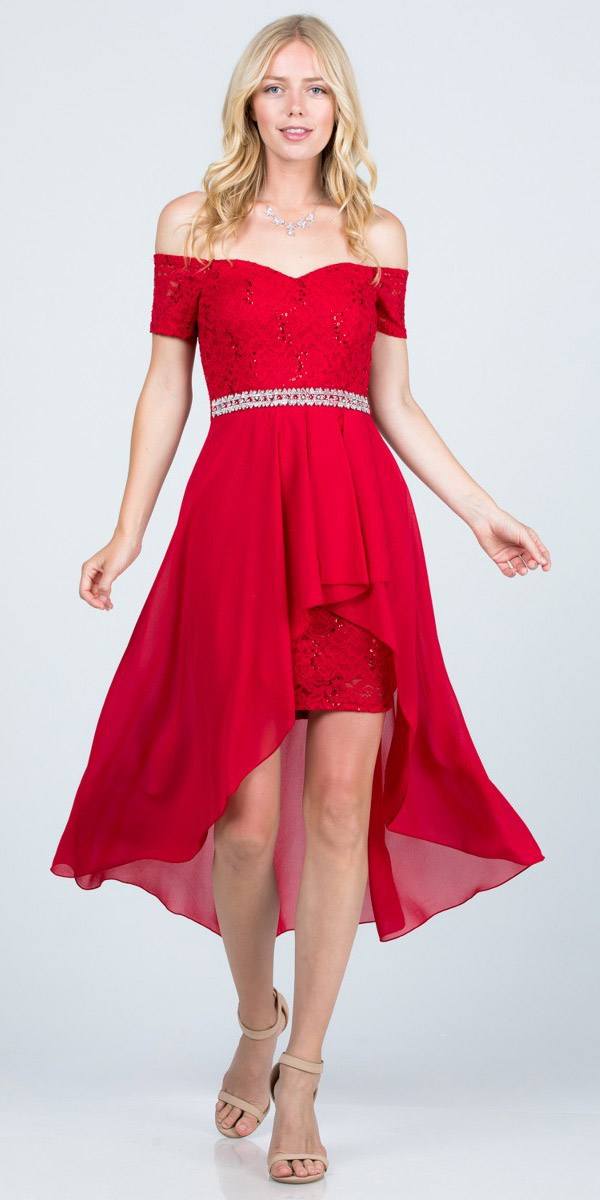 Embellished Waist High and Low Cocktail Dress Red