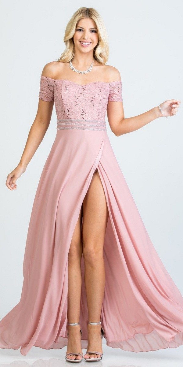 La Scala 25555 Blush Off-Shoulder Long Formal Dress with Slit