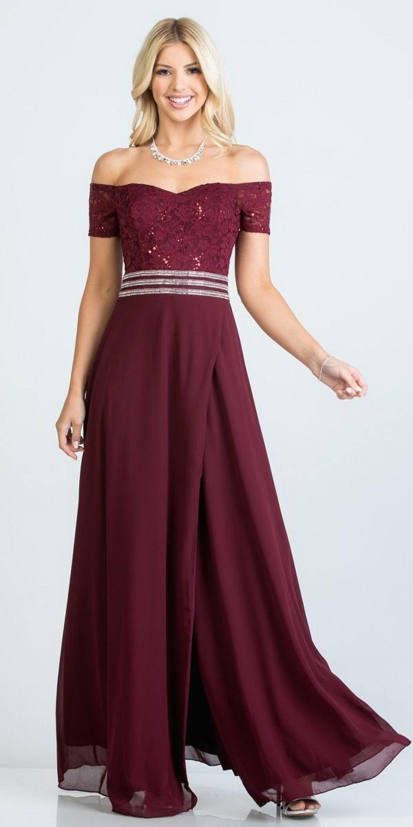 La Scala 25555 Burgundy Off-Shoulder Long Formal Dress with Slit