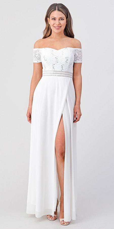La Scala 25555 Off White Off-Shoulder Long Formal Dress with Slit