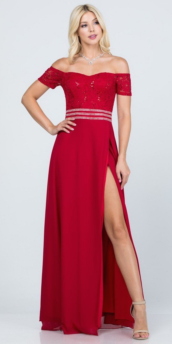 Red Off-Shoulder Long Formal Dress with Slit