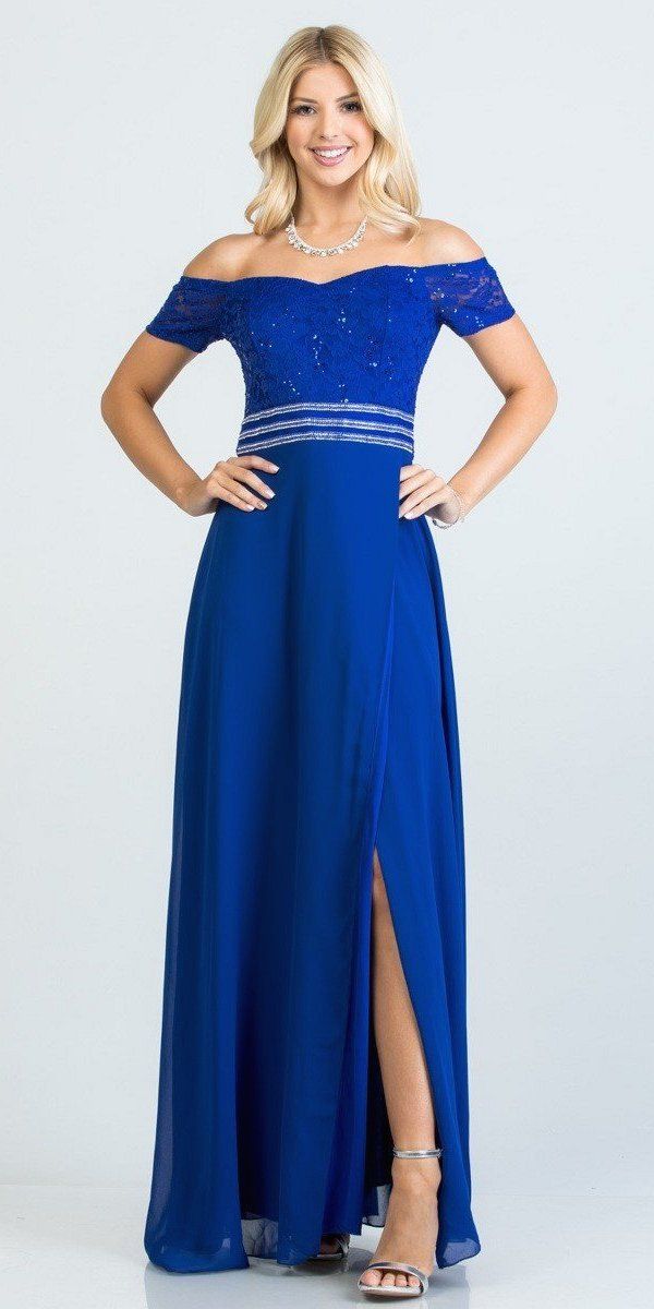 La Scala 25555 Royal Blue Off-Shoulder Long Formal Dress with Slit