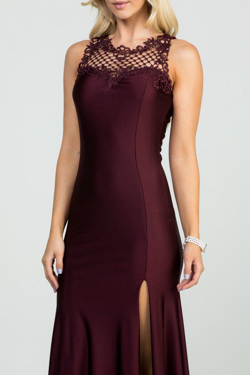 Dark Burgundy Long Prom Gown Cut-Out Back with Slit