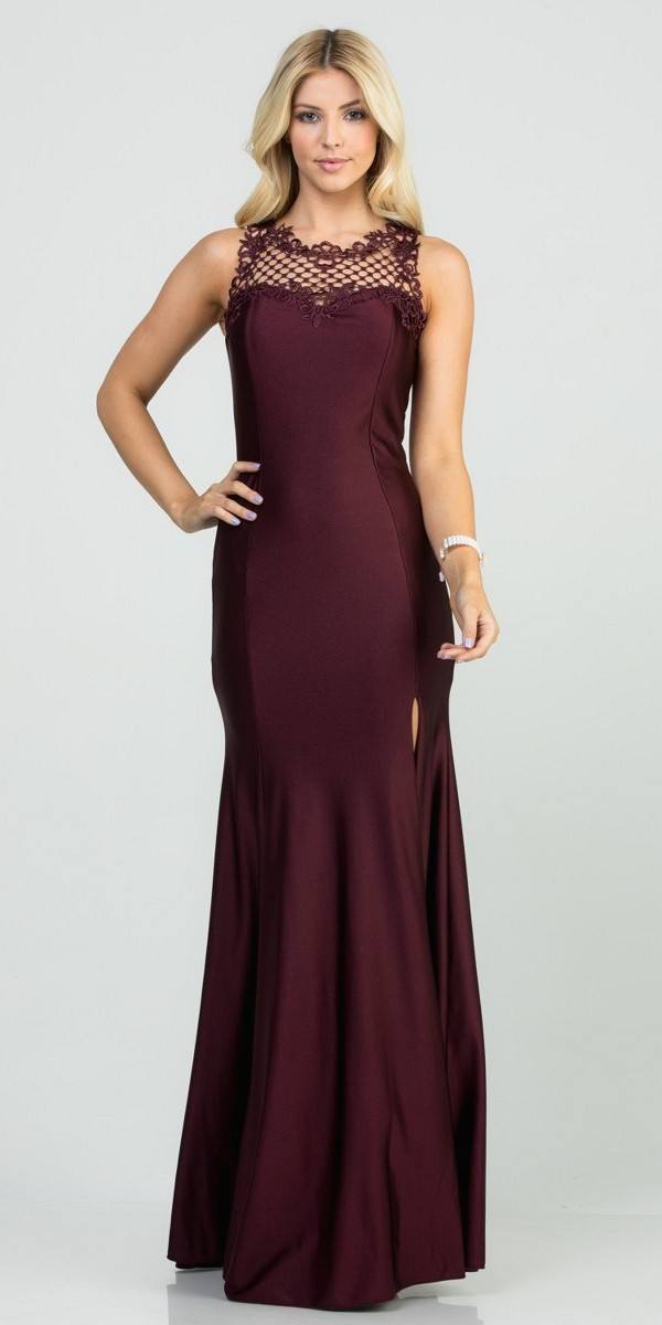Dark Burgundy Long Prom Gown Cut-Out Back with Slit