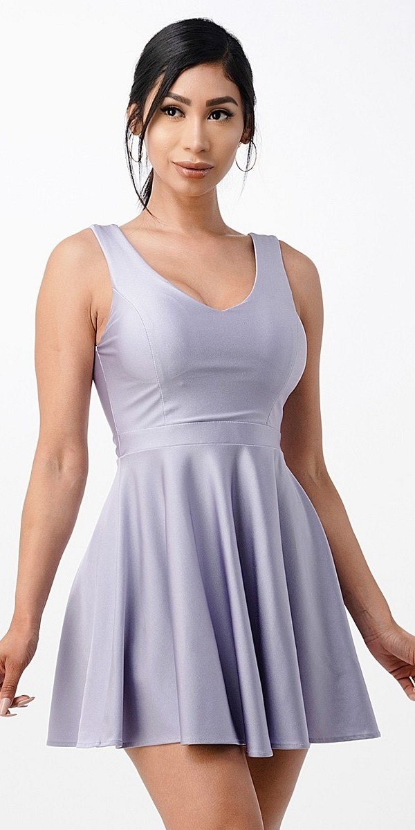 La Scala 25589 Sleeveless Dalia Fit and Flared Solid V-Neck Tricot Dress Lavender