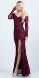 La Scala 25641 Long Sleeved Off-Shoulder Long Prom Dress with Slit Burgundy