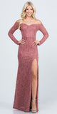 La Scala 25641 Long Sleeved Off-Shoulder Long Prom Dress with Slit Dark Mauve