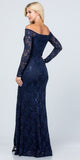 La Scala 25641 Long Sleeved Off-Shoulder Long Prom Dress with Slit Navy Blue