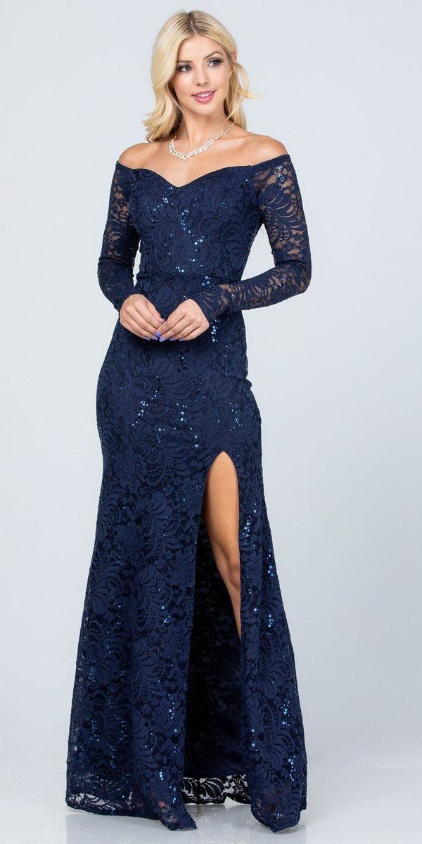 La Scala 25641 Long Sleeved Off-Shoulder Long Prom Dress with Slit Navy Blue