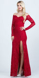La Scala 25641 Long Sleeved Off-Shoulder Long Prom Dress with Slit Red