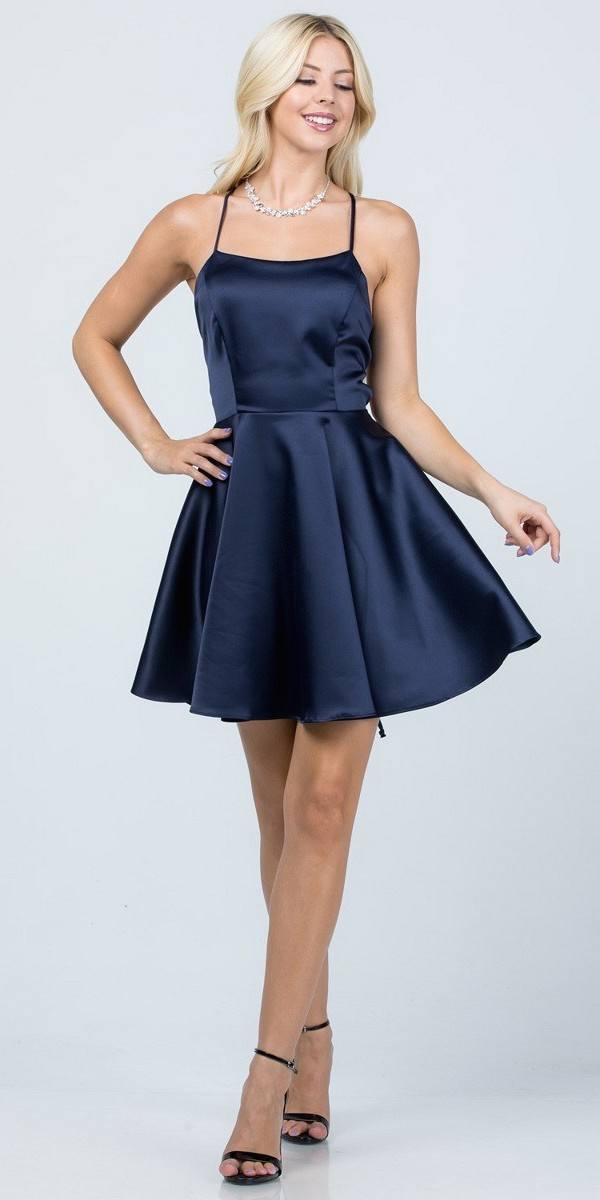 Short Fit and Flare Navy Blue Dress Spaghetti Straps Criss Cross Back