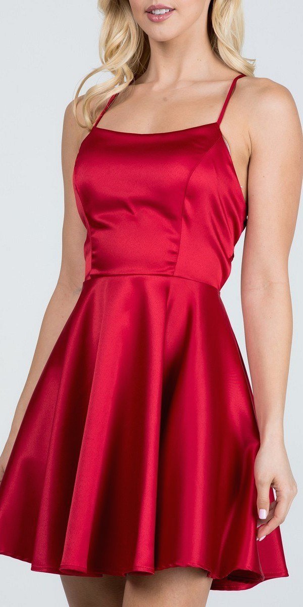 Short Fit and Flare Red Dress Spaghetti Straps Criss Cross Back