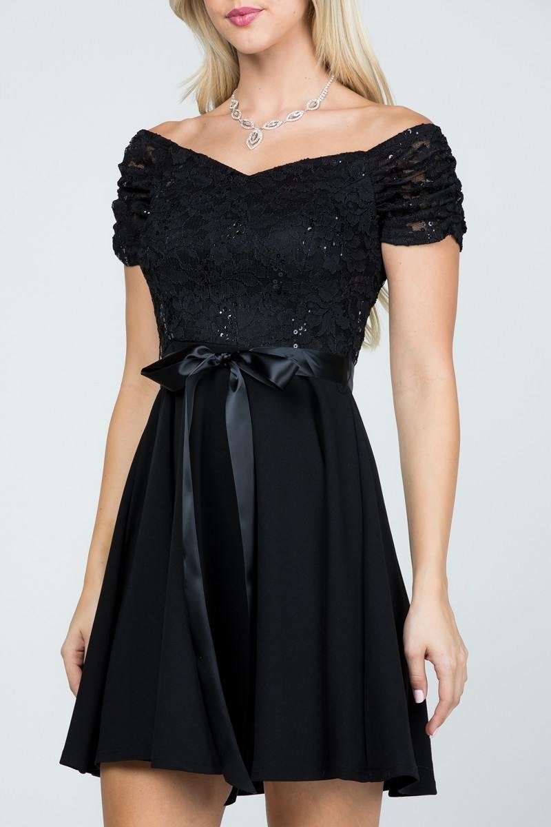 Off The Shoulder Ruched Sleeve Lace Fit And Flare Black Dress Sash Satin Waist