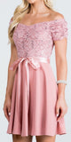 Off The Shoulder Ruched Sleeve Lace Fit And Flare Blush Dress Sash Satin Waist