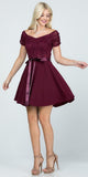 Off The Shoulder Ruched Sleeve Lace Fit And Flare Burgundy Dress Sash Satin Waist