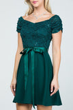 Off The Shoulder Ruched Sleeve Lace Fit And Flare Hunter Green Dress Sash Satin Waist