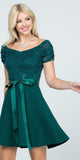 Off The Shoulder Ruched Sleeve Lace Fit And Flare Hunter Green Dress Sash Satin Waist