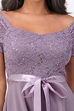 Off The Shoulder Ruched Sleeve Lace Fit And Flare Lavender Dress Sash Satin Waist