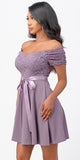 Off The Shoulder Ruched Sleeve Lace Fit And Flare Lavender Dress Sash Satin Waist