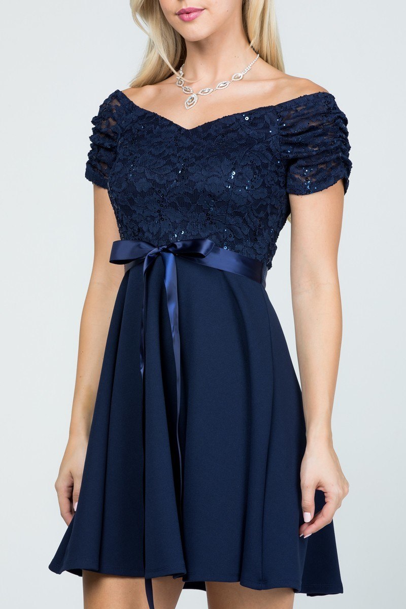Off The Shoulder Ruched Sleeve Lace Fit And Flare Navy Blue Dress Sash Satin Waist