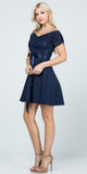 Off The Shoulder Ruched Sleeve Lace Fit And Flare Navy Blue Dress Sash Satin Waist