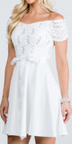 Off The Shoulder Ruched Sleeve Lace Fit And Flare Off White Dress Sash Satin Waist