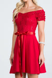 Off The Shoulder Ruched Sleeve Lace Fit And Flare Red Dress Sash Satin Waist