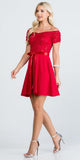 Off The Shoulder Ruched Sleeve Lace Fit And Flare Red Dress Sash Satin Waist