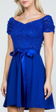 Off The Shoulder Ruched Sleeve Lace Fit And Flare Royal Blue Dress Sash Satin Waist