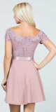 Off The Shoulder Ruched Sleeve Lace Fit And Flare Wood Rose Dress Sash Satin Waist