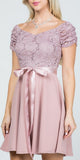 Off The Shoulder Ruched Sleeve Lace Fit And Flare Wood Rose Dress Sash Satin Waist