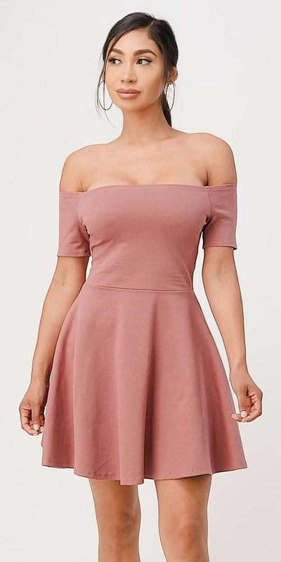 La Scala 25795 Off the Shoulder Short Sleeve Skater Dress Dark Mauve
