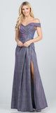 Long Off The Shoulder Glittery Jacquard Navy Blue Gathered Gown With Open Side