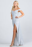 Long Off The Shoulder Glittery Jacquard Silver Gathered Gown With Open Side