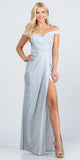 Long Off The Shoulder Glittery Jacquard Silver Gathered Gown With Open Side