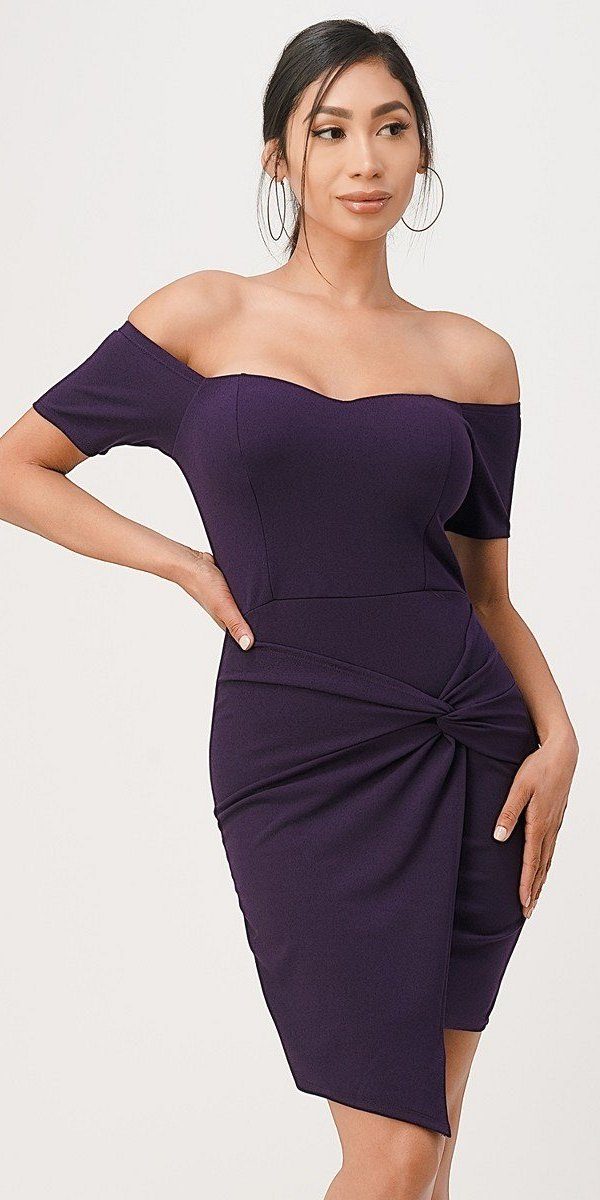 La Scala 25892 Short Body Con Cocktail Purple Dress Off Shoulder Form Fit