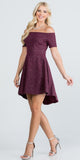 La Scala 25894 Off The Shoulder Short Sleeve Glittered Skater Dress Burgundy