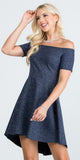 La Scala 25894 Off The Shoulder Short Sleeve Glittered Skater Dress Navy Blue