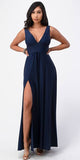 La Scala 25953 Full Length Tricot A-Line Navy Blue Dress Deep V-Neck Empire Waist