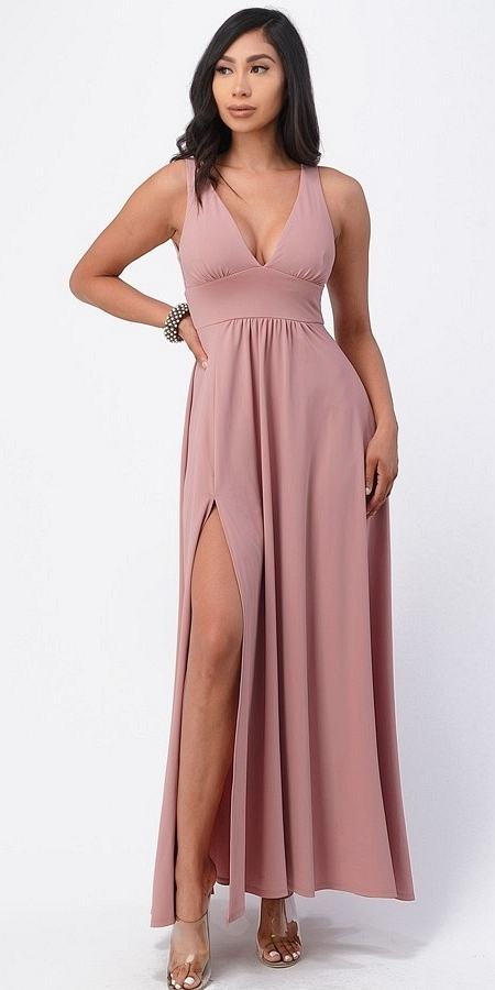 La Scala 25953 Full Length Tricot A-Line Rose Dress Deep V-Neck Empire Waist